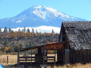 Mt Shasta from North Old Stage Road with Old Building