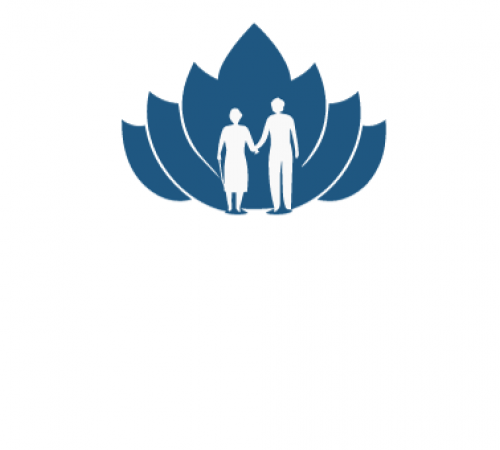 Two elderly adults in front of lotus flower icon